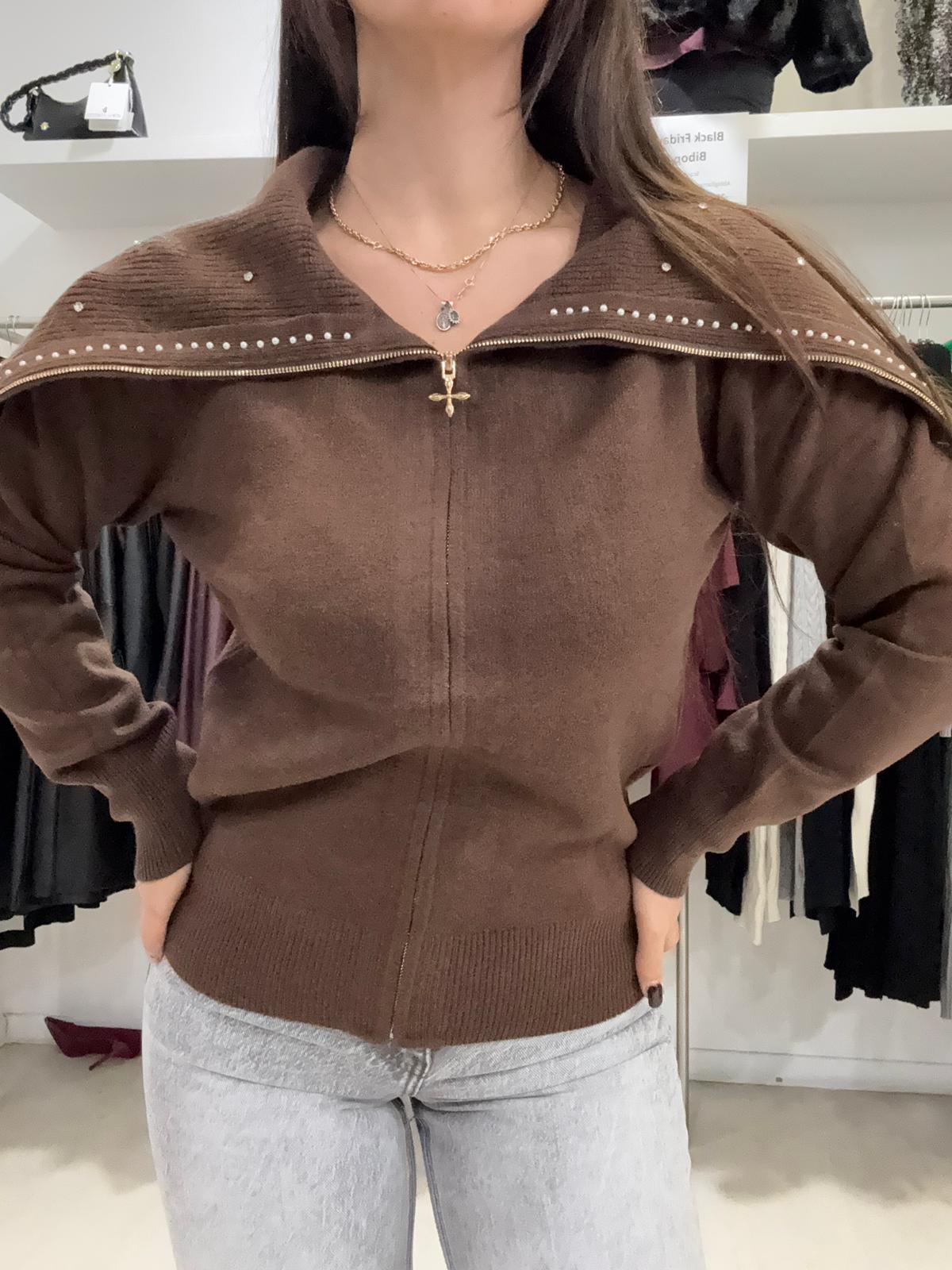 Maglia con Zip, Colletto e Strass