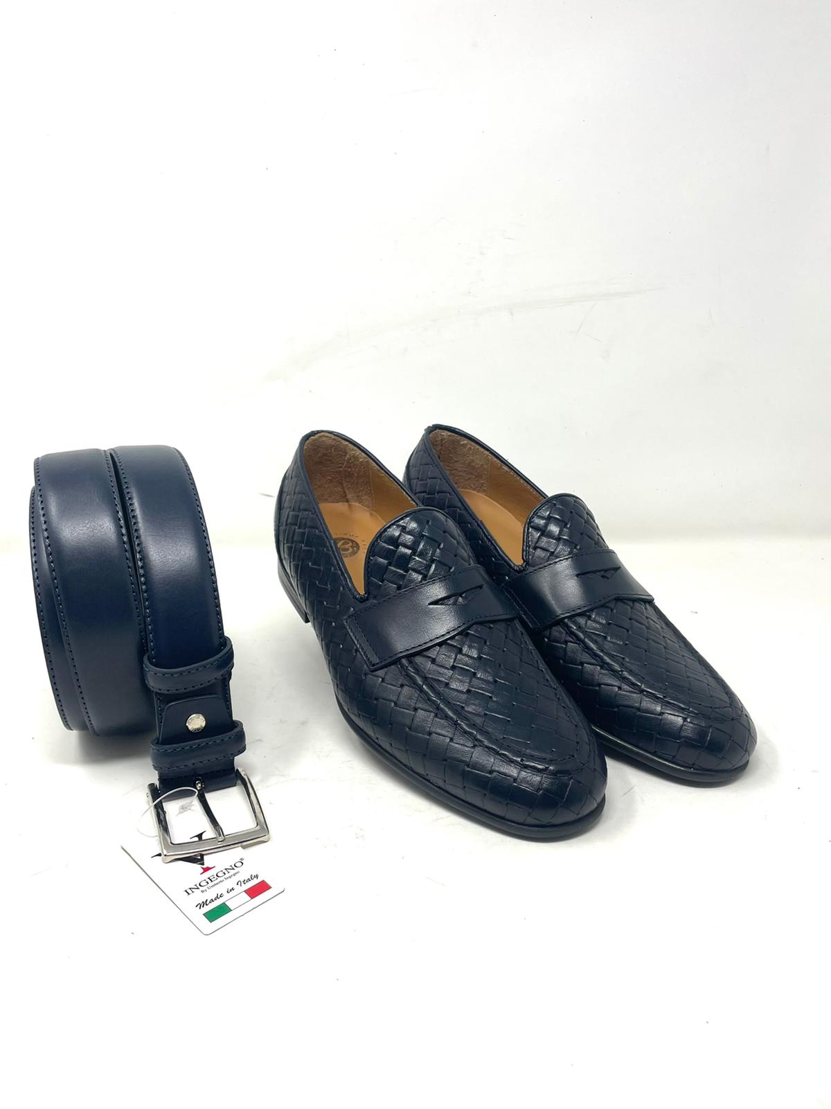Woven leather moccasin with rubber sole