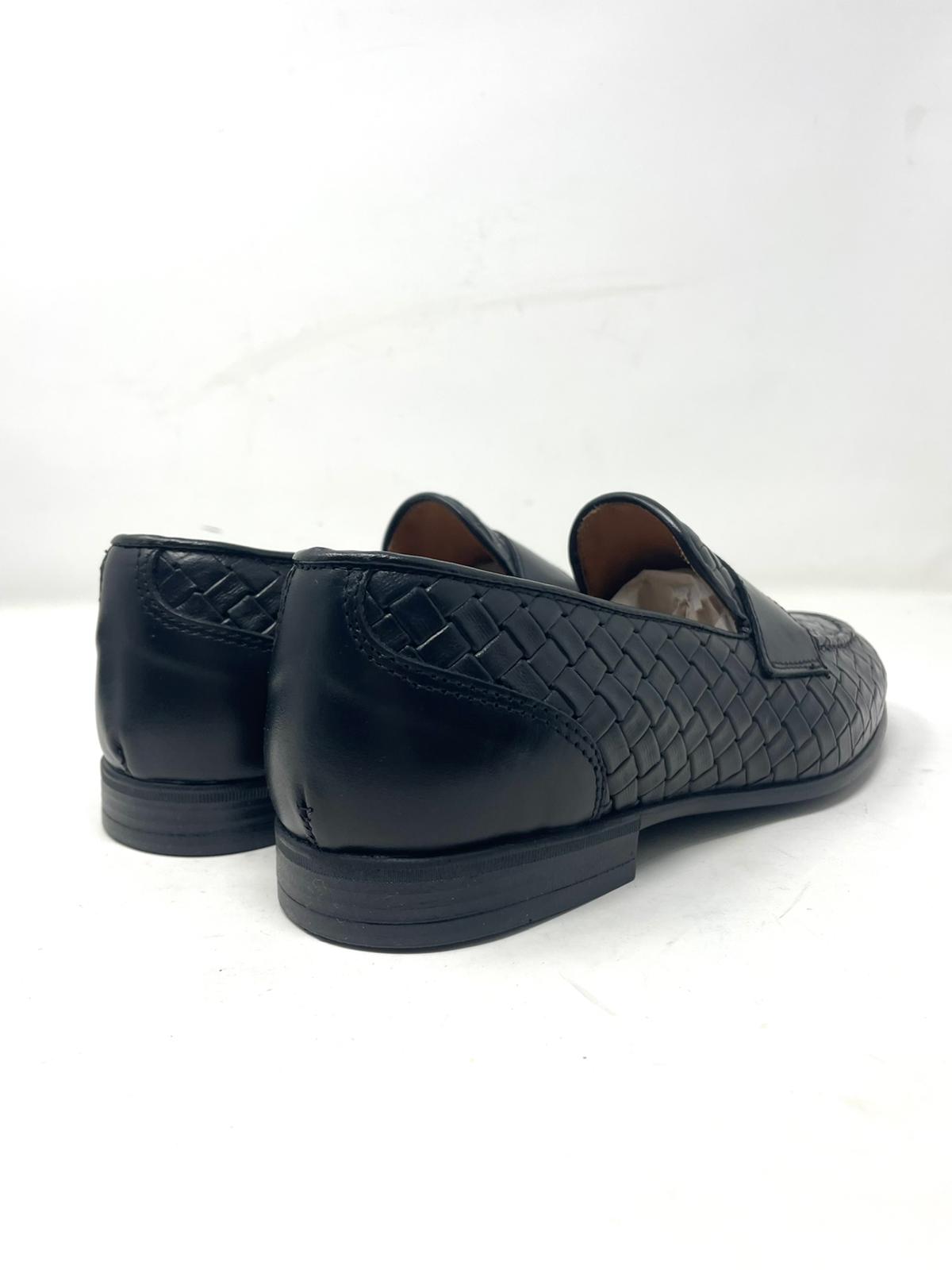 Woven leather moccasin with rubber sole