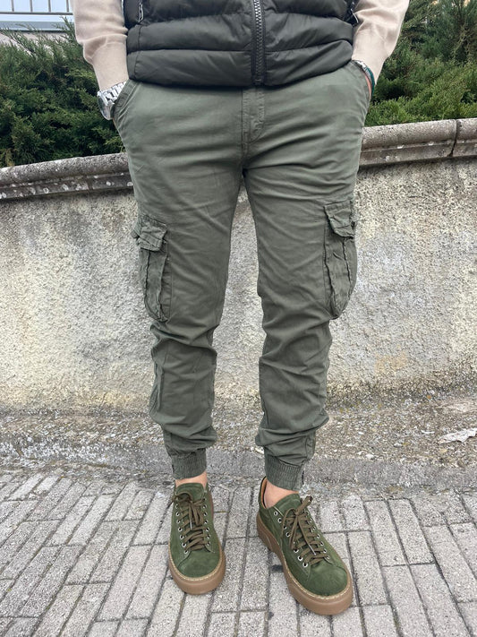 Pantalone cargo uomo cotone con elastico e zip