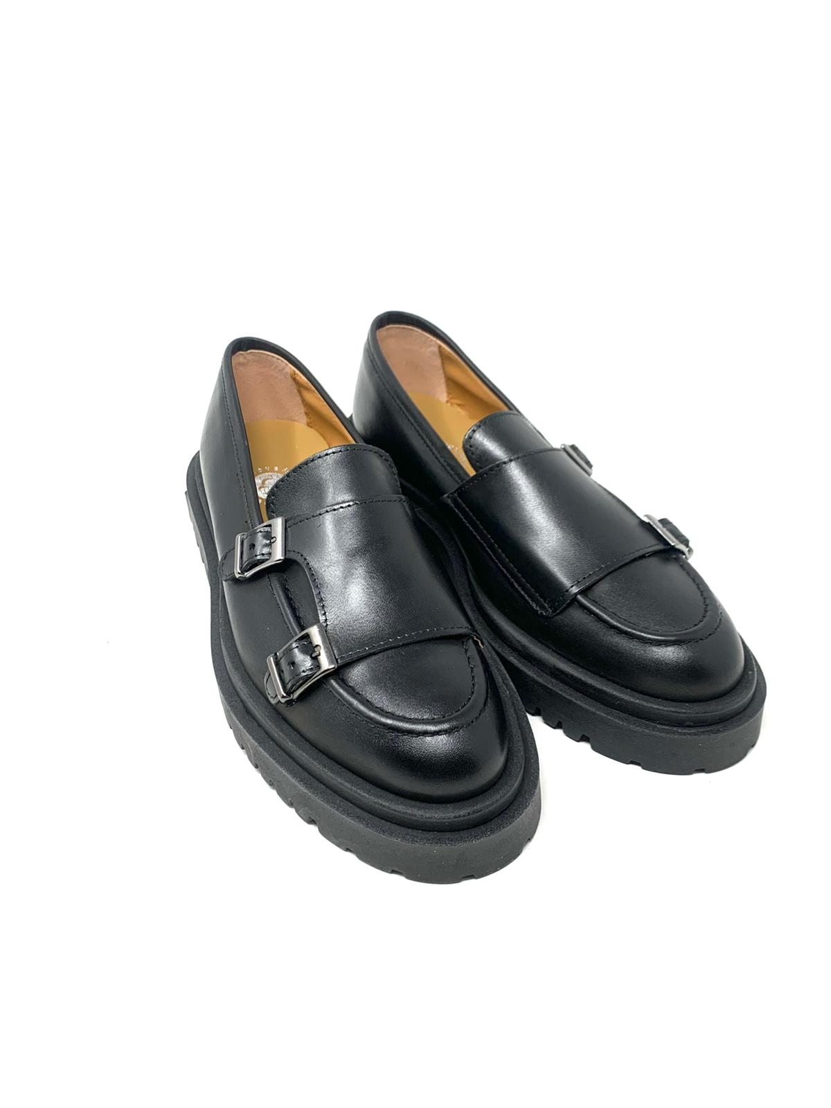 Mocassino rocciatore doppia fibbia fondo alto ambra o nero in vera pelle made in italy