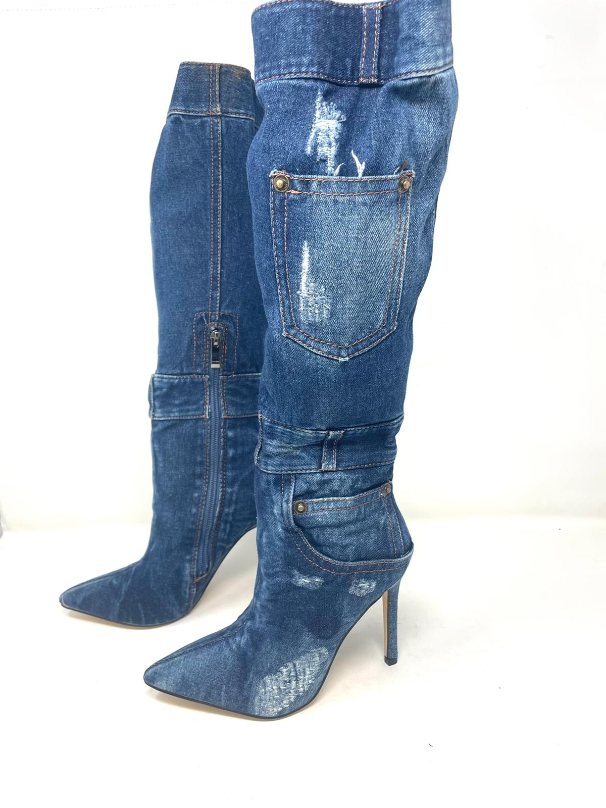 Faded denim boot with 10 cm heel