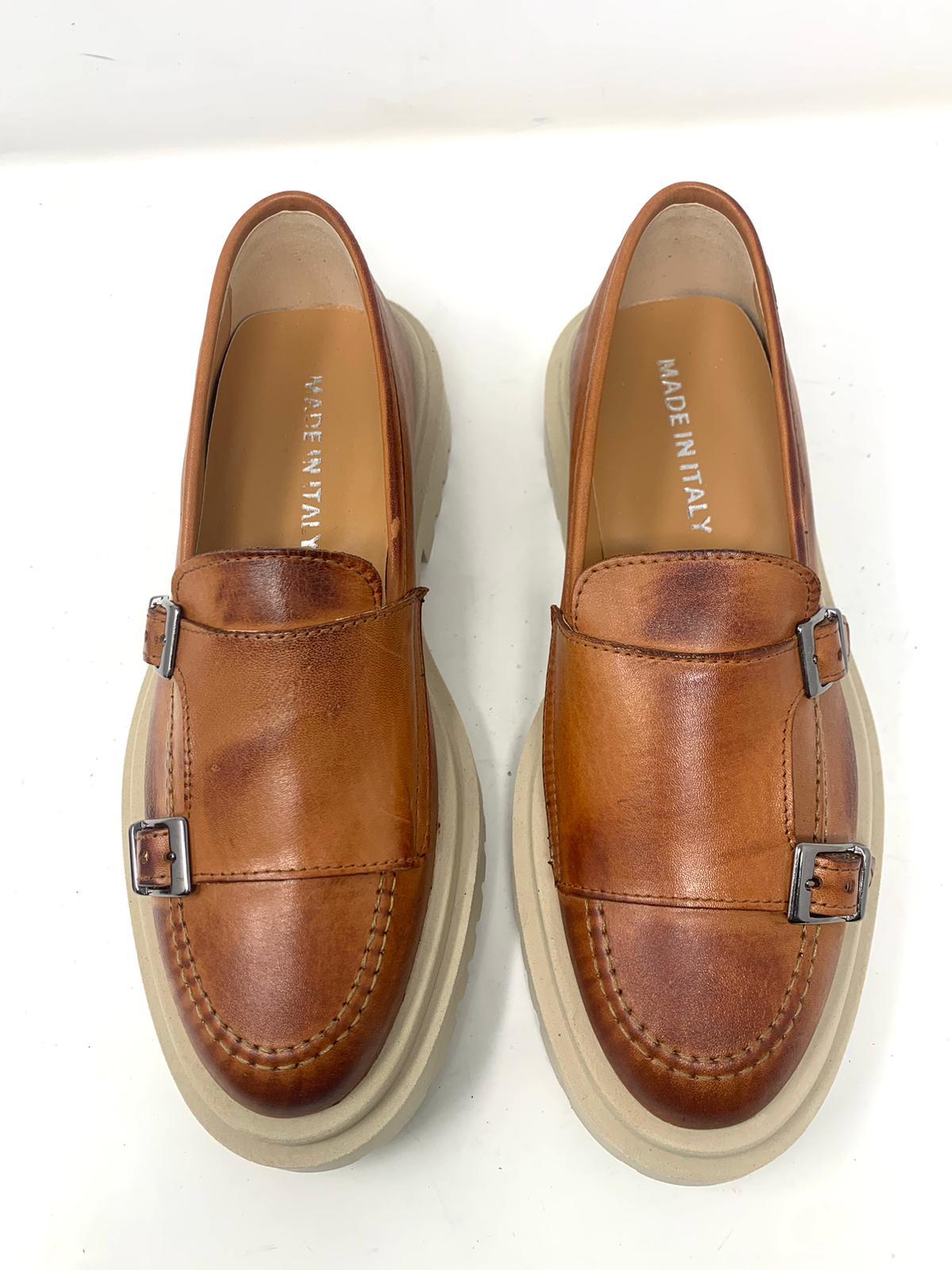 Mocassino rocciatore doppia fibbia fondo alto ambra o nero in vera pelle made in italy