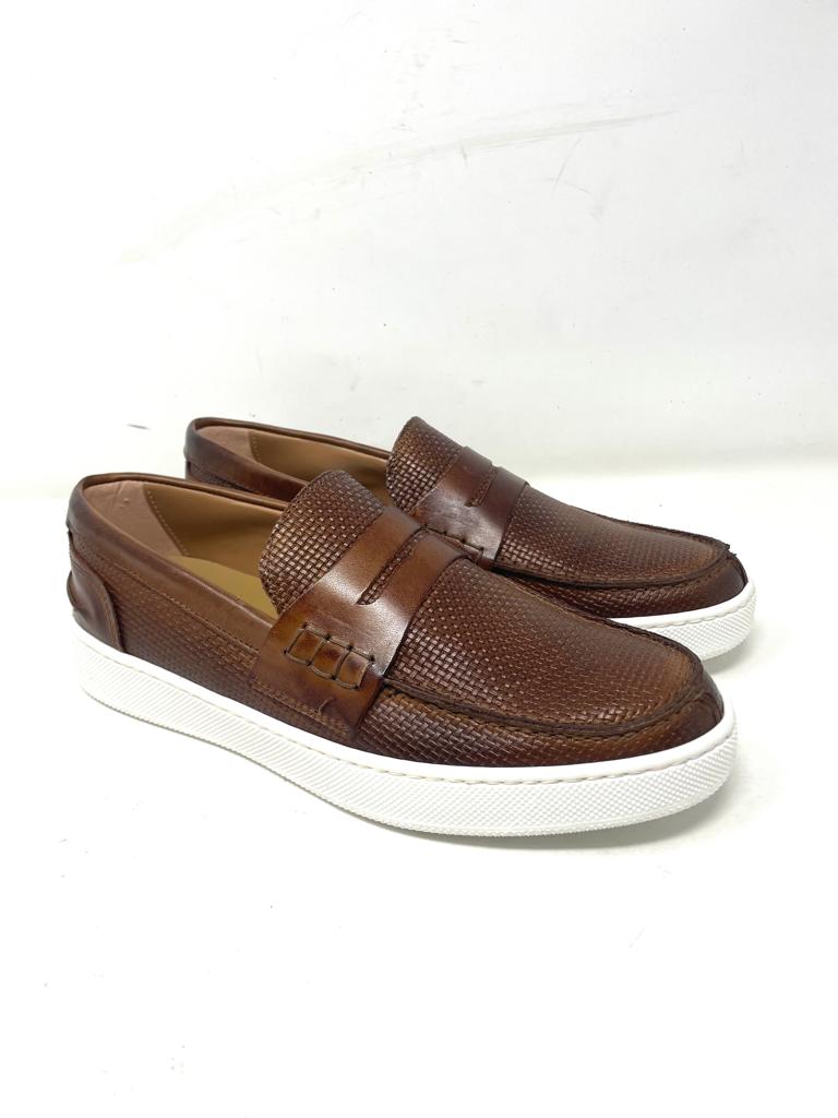 Woven stitched boat moccasin