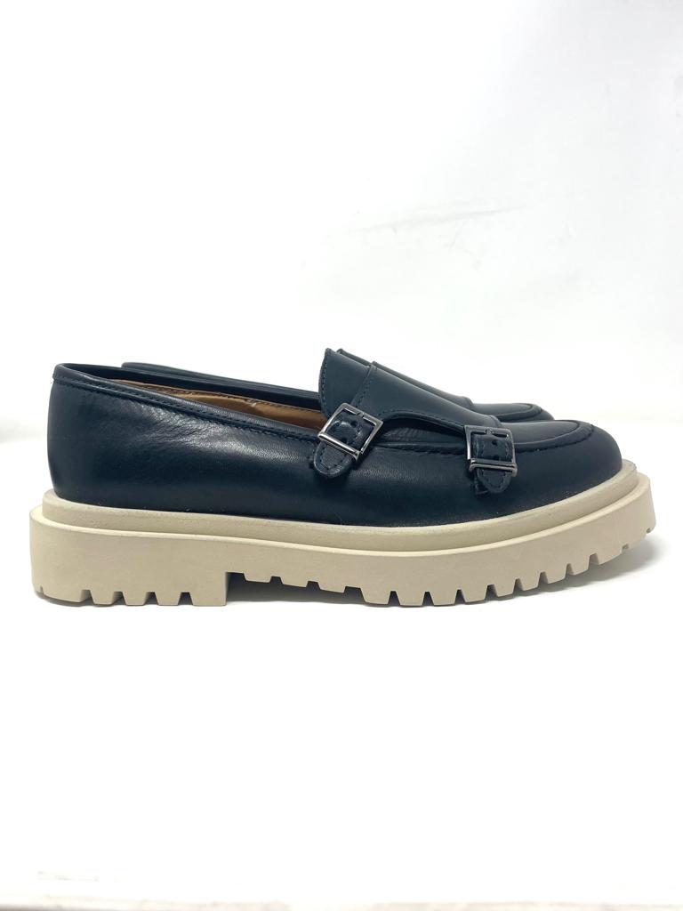 Mocassino rocciatore doppia fibbia fondo alto ambra o nero in vera pelle made in italy