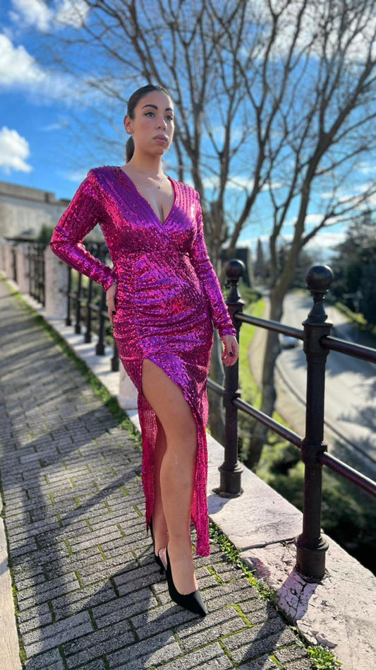 Long sequin dress with long slit sleeves