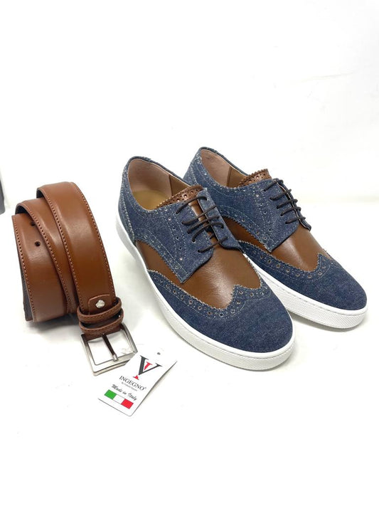 Denim and leather lace-up
 rubber bottom