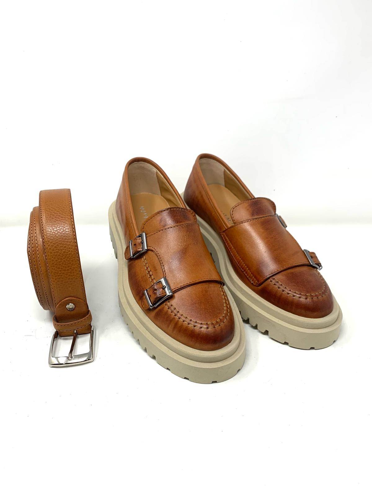 Mocassino rocciatore doppia fibbia fondo alto ambra o nero in vera pelle made in italy