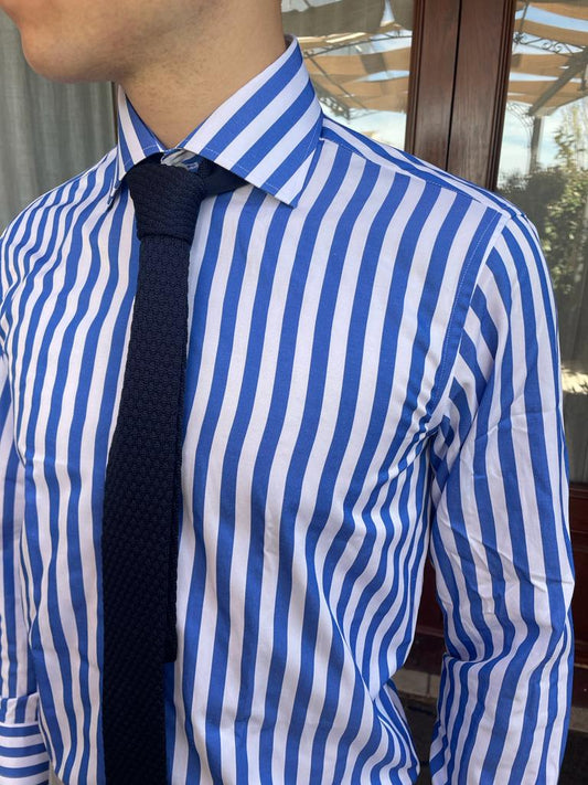 Camicia collo francese riga larga cotone e raso