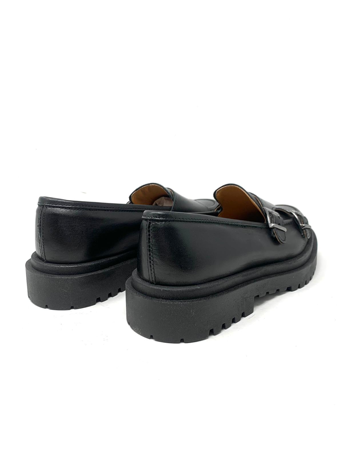 Mocassino rocciatore doppia fibbia fondo alto ambra o nero in vera pelle made in italy