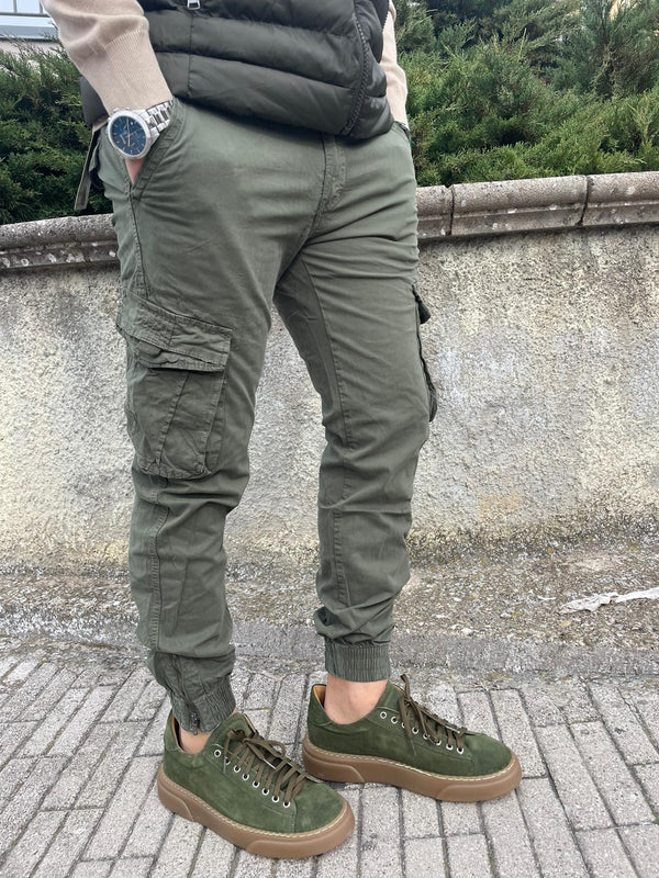 Pantalone cargo uomo cotone con elastico e zip