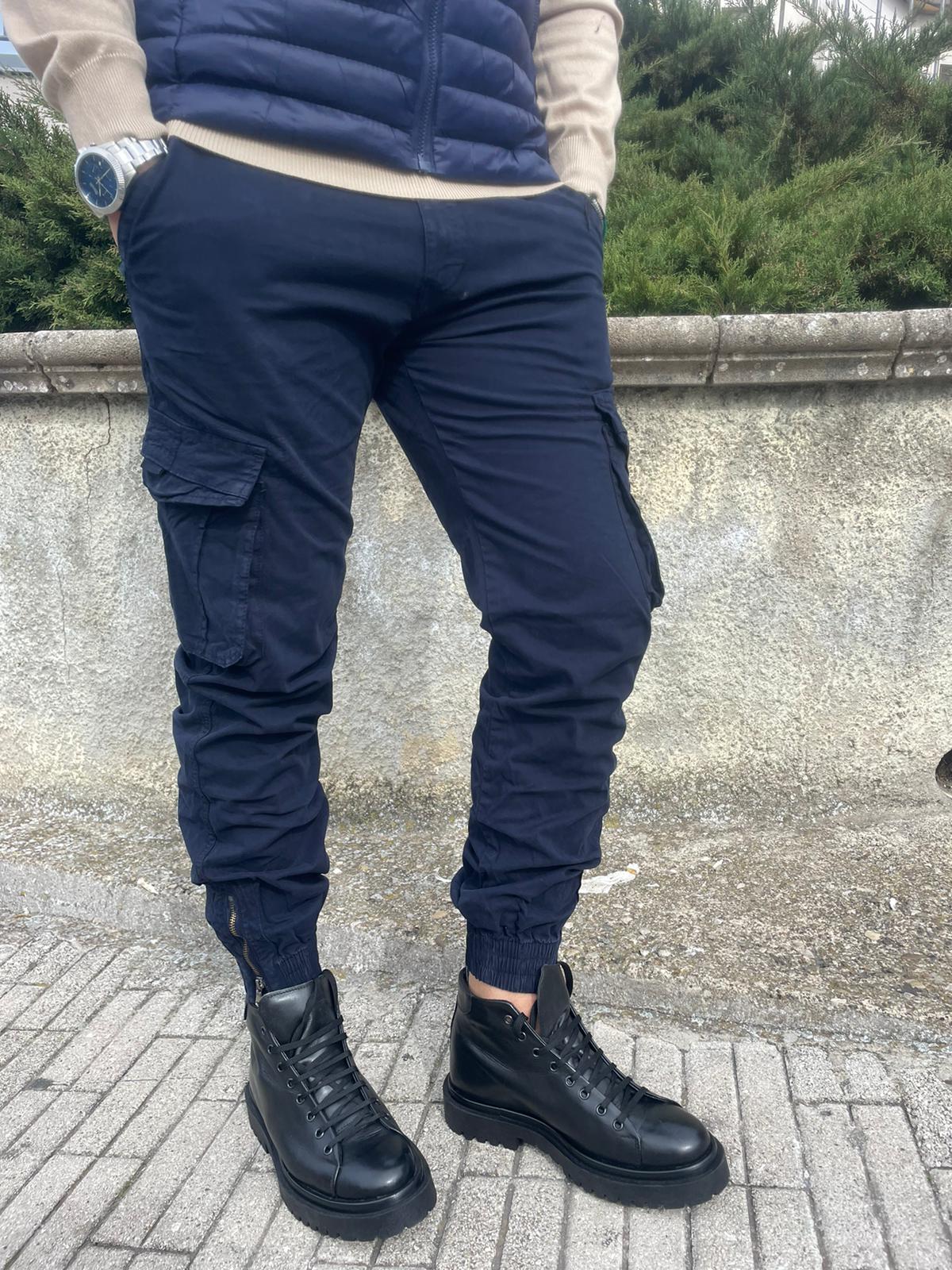 Pantalone cargo uomo cotone con elastico e zip