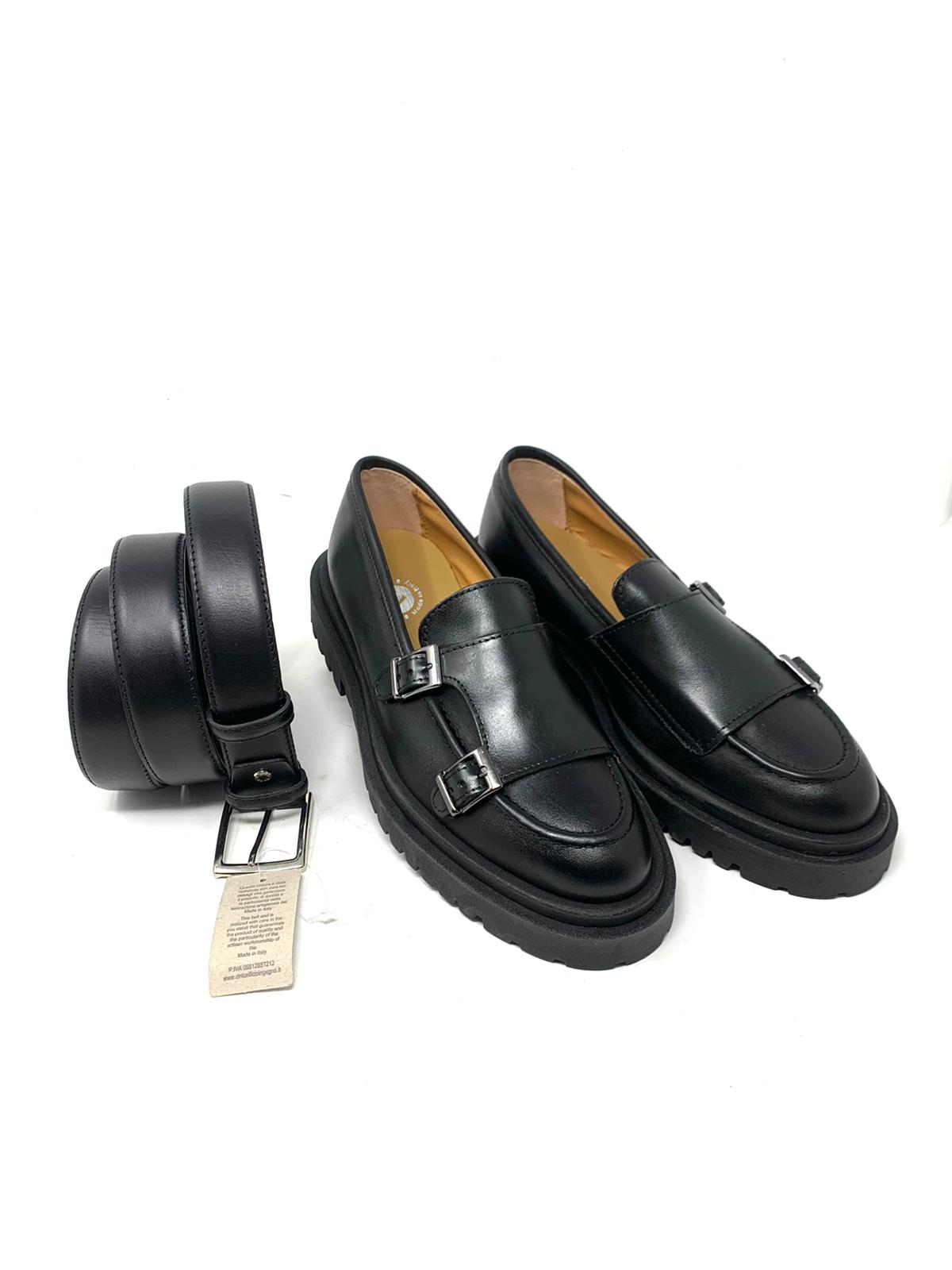 Mocassino rocciatore doppia fibbia fondo alto ambra o nero in vera pelle made in italy