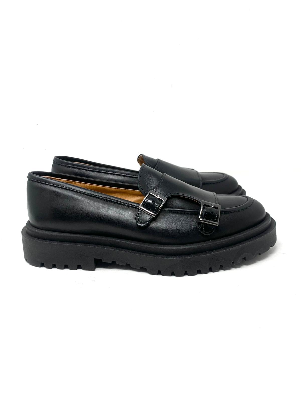Mocassino rocciatore doppia fibbia fondo alto ambra o nero in vera pelle made in italy