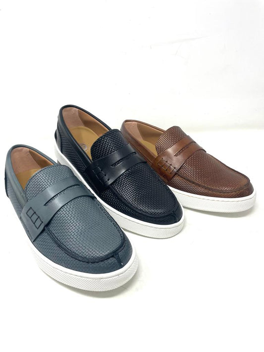 Woven stitched boat moccasin