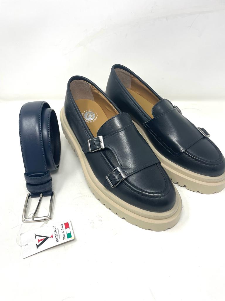 Mocassino rocciatore doppia fibbia fondo alto ambra o nero in vera pelle made in italy