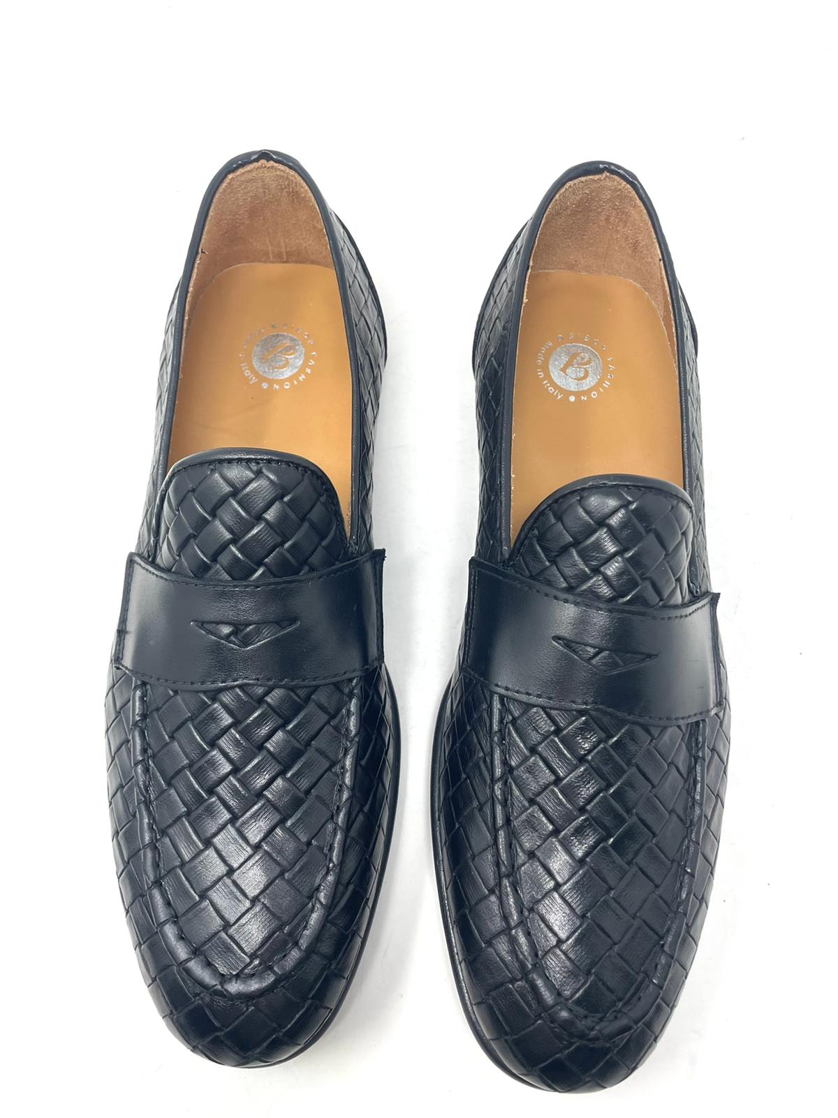Woven leather moccasin with rubber sole