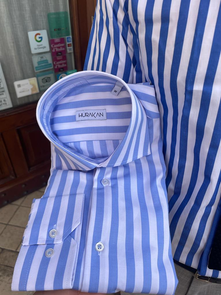 French collar shirt with wide stripes in cotton and satin