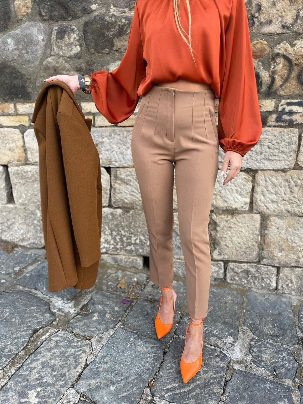 High-waisted stitching trousers