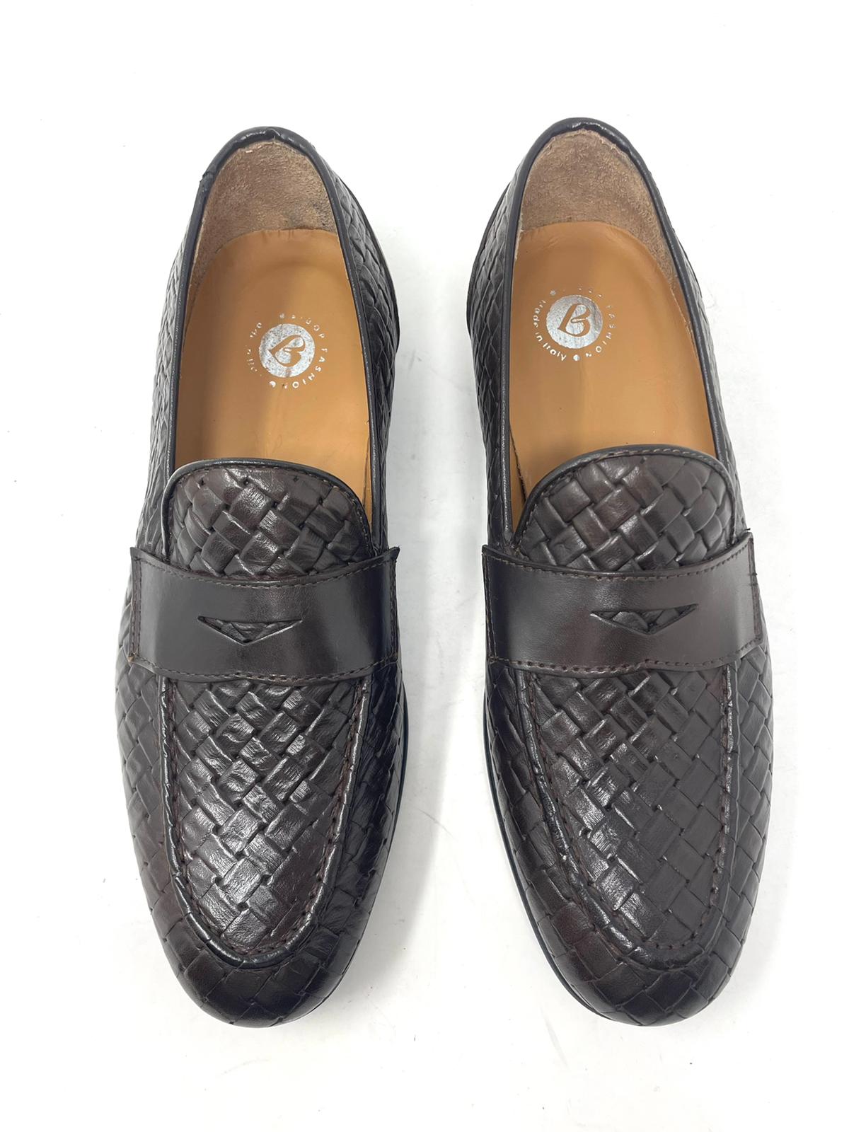 Woven leather moccasin with rubber sole