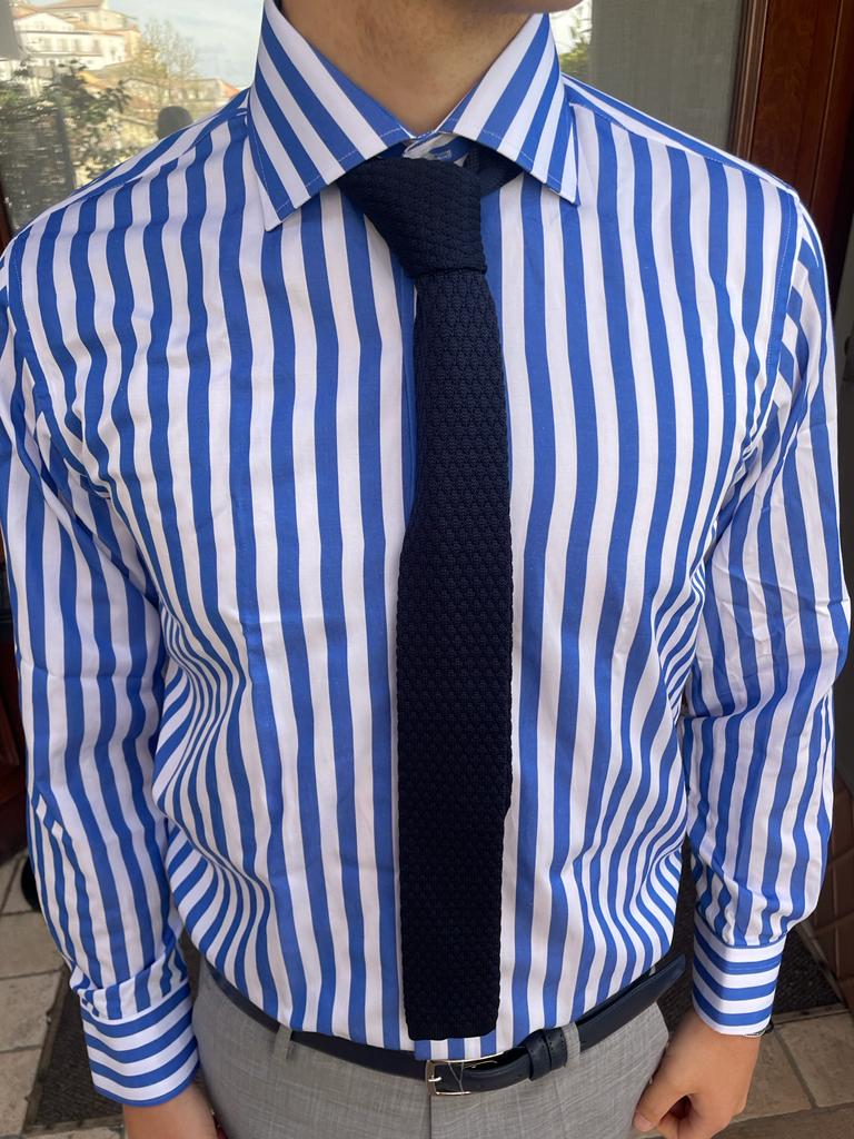 French collar shirt with wide stripes in cotton and satin