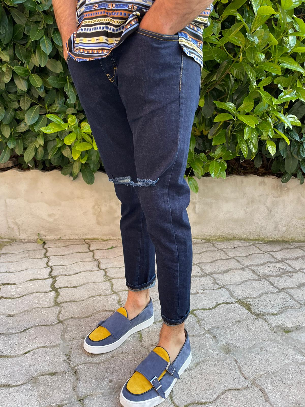 Jeans uomo slim fit lavaggio scuro strappi - Bibop Fashion