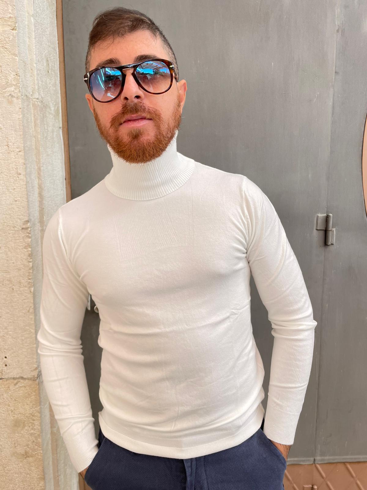 Men's turtleneck shaved under jacket