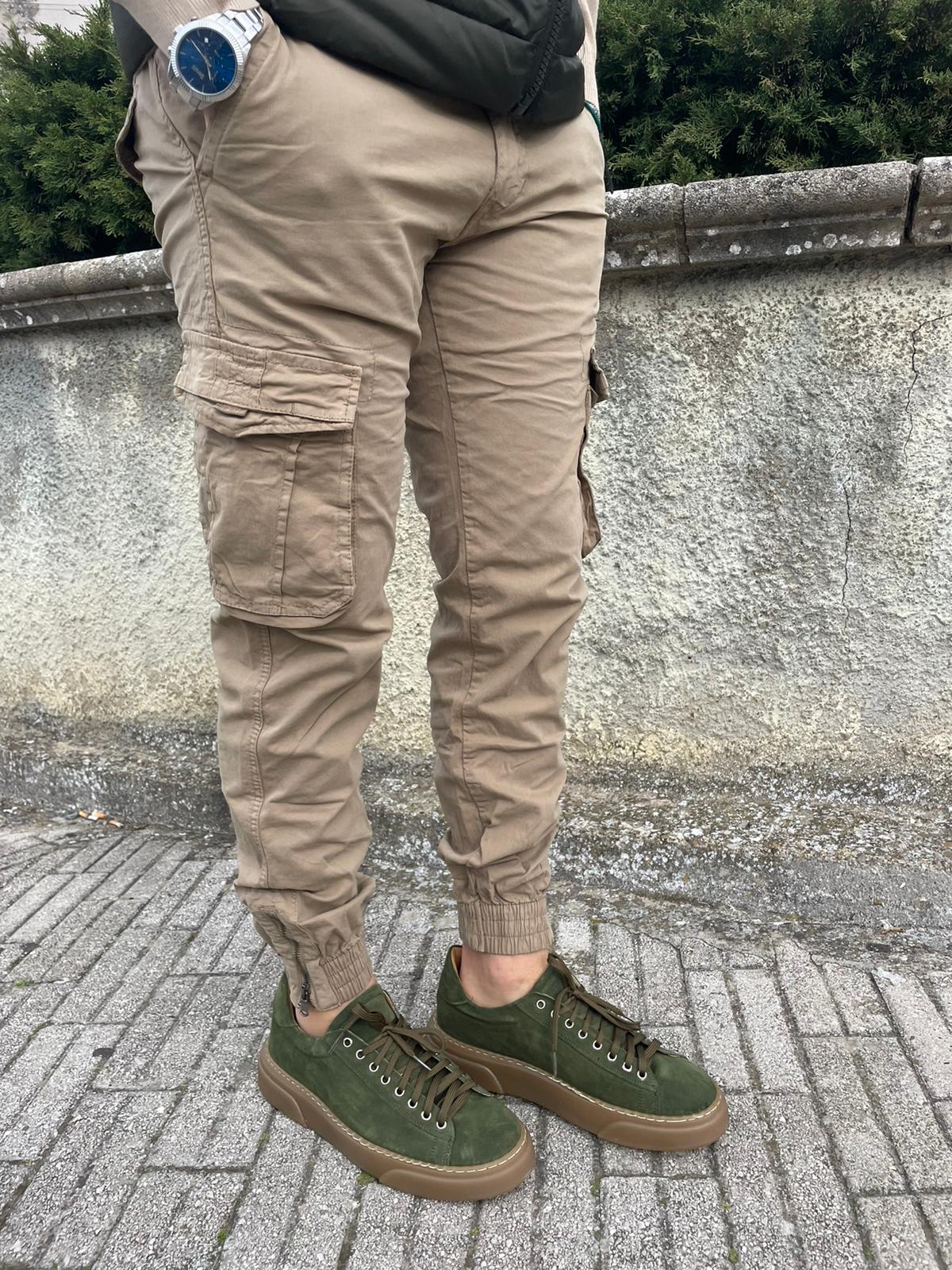 Pantalone cargo uomo cotone con elastico e zip