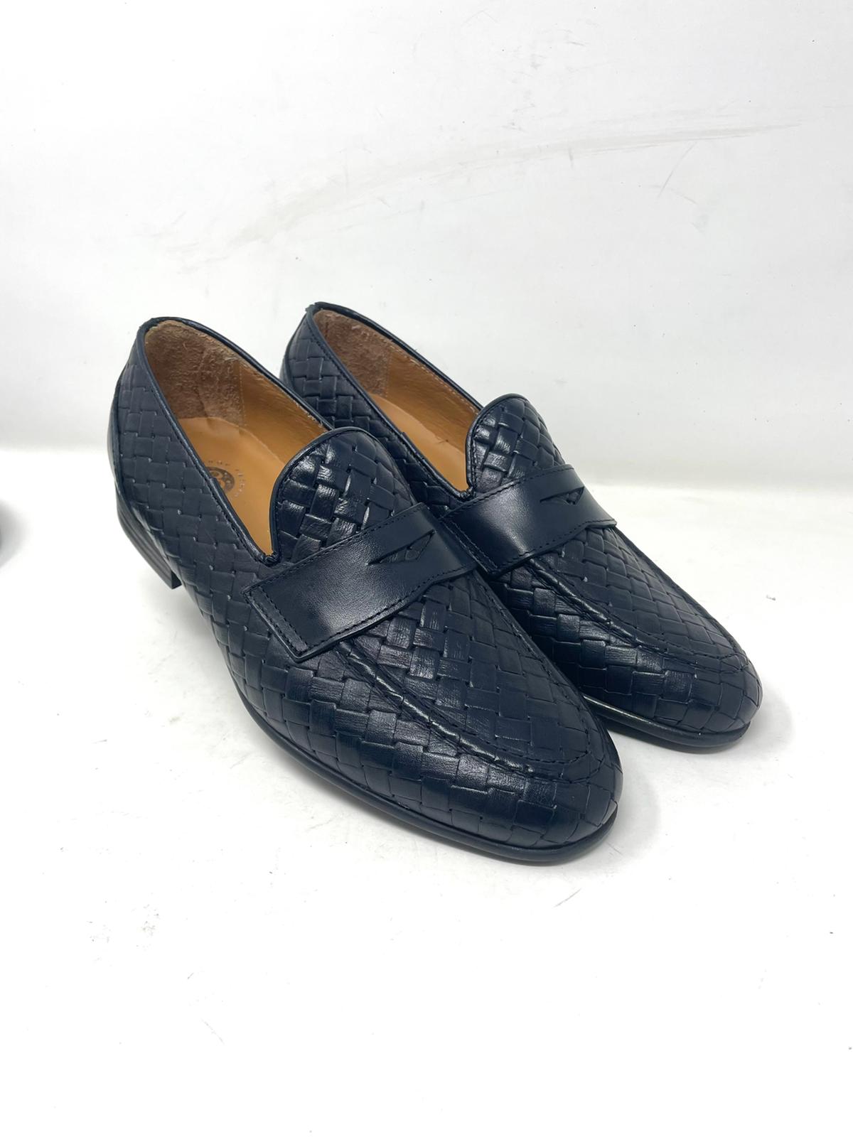 Woven leather moccasin with rubber sole