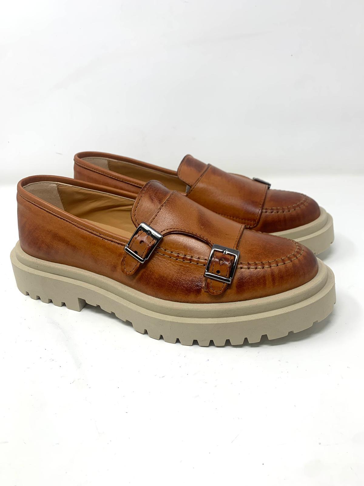 Mocassino rocciatore doppia fibbia fondo alto ambra o nero in vera pelle made in italy