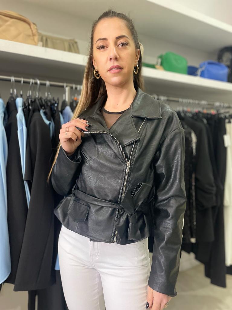 Women's eco leather zip jacket with belt