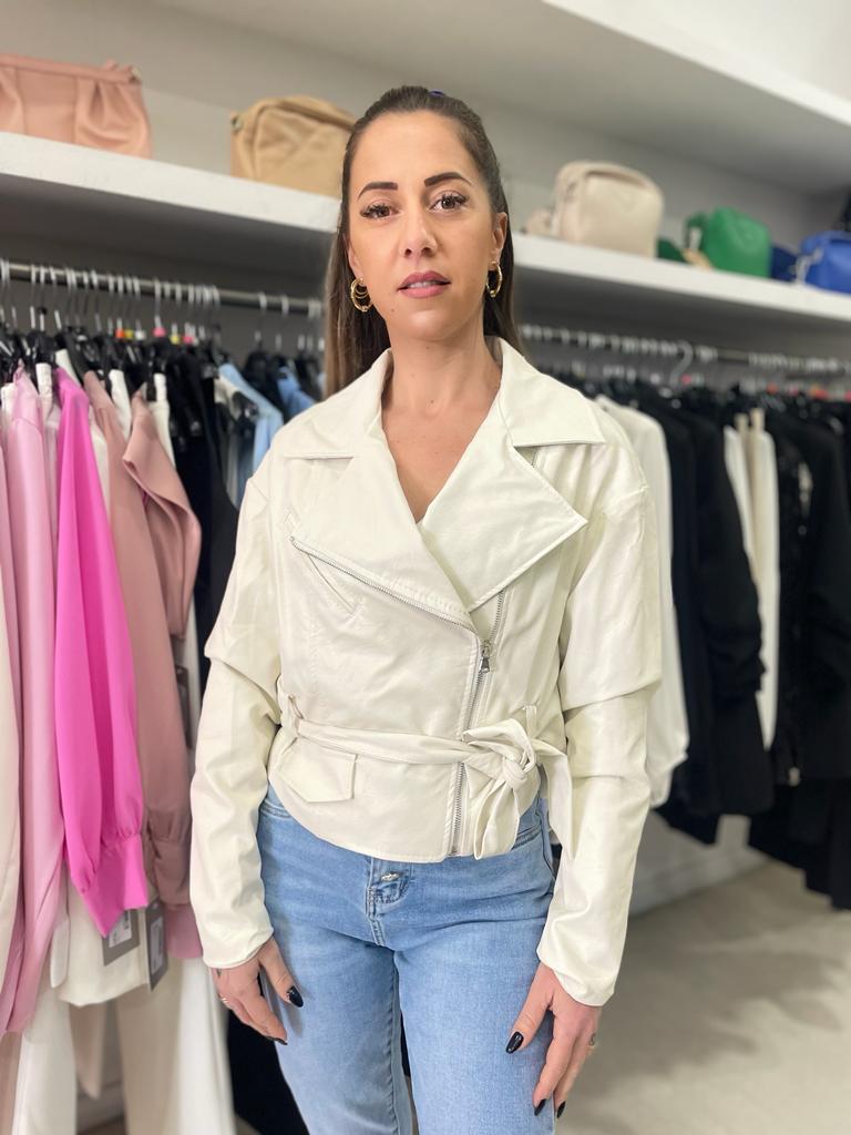 Women's eco leather zip jacket with belt