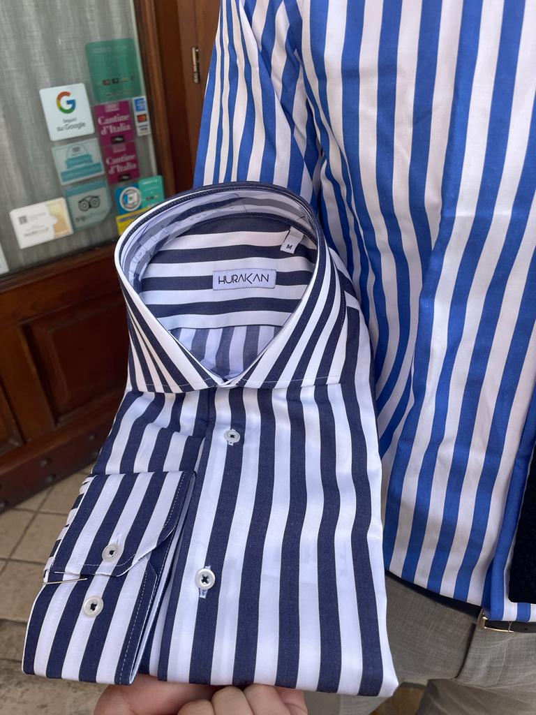 French collar shirt with wide stripes in cotton and satin